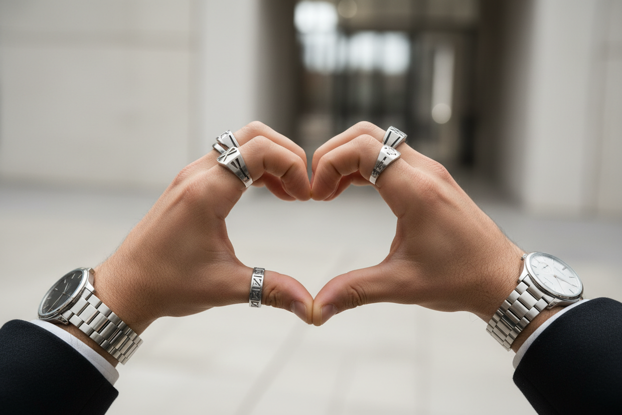 mani maschili con gioielli e orologi che formano un cuore